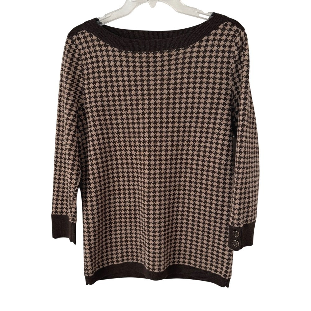 Talbots Merino Wool Brown Houndstooth Sweater‎ Boat Neck Preppy Classic Office M - Picture 3 of 14